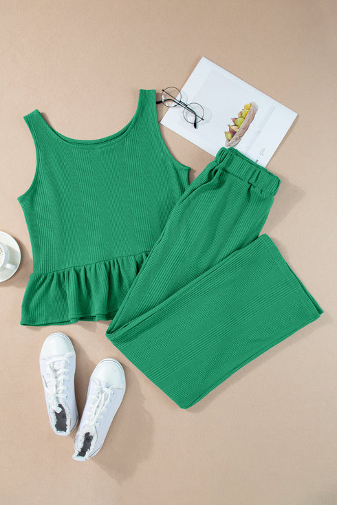 Solid Color Ribbed Ruffle Tank Top and Pants Set